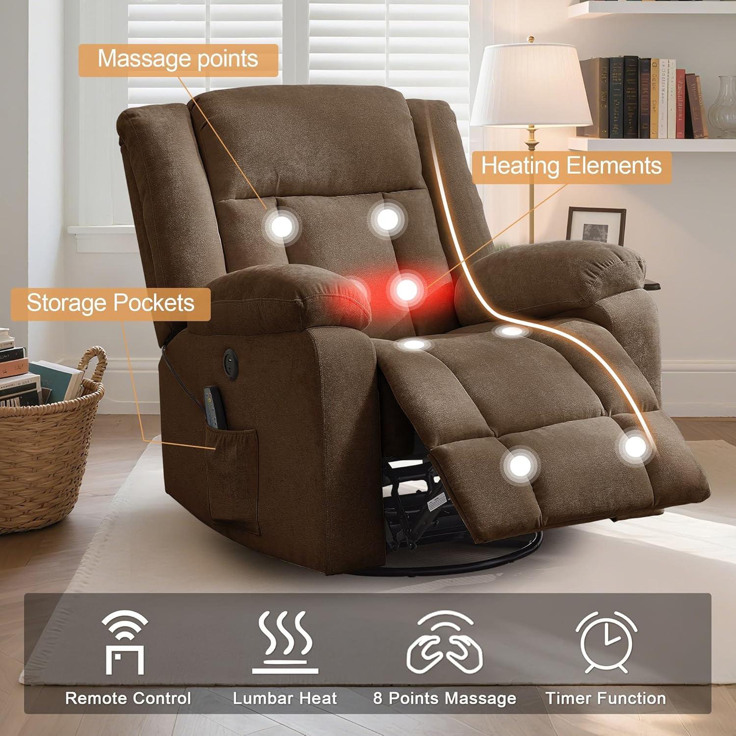 Adult rocking chair, gliding recliner, 360° rotating rocking chair with massage and heating function wourant