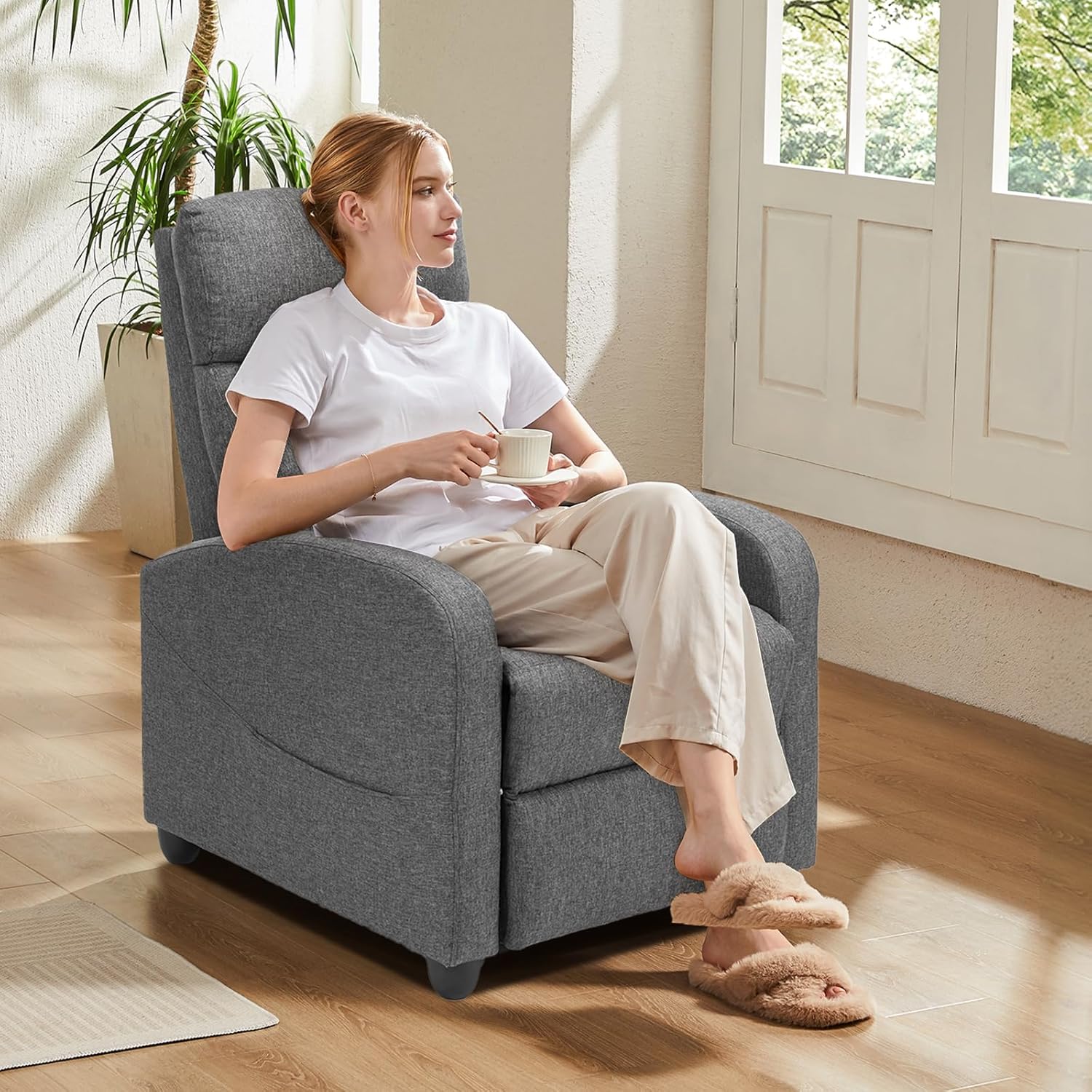 Sweetcrispy Massage Recliner Chair for Adults, Adjustable Home Theater Seating with Lumbar Support for Living Room, Modern Fabric Reclining, Light Grey wourant