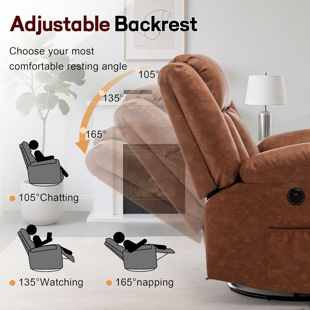 Rocker Recliner, Glider Recliner Chairs for Adults, 360° Swivel Rocking Chair with Massage and Heating, Nursery Chair with Storage and USB Charging for Living Room, Bedroom, Nursery wourant