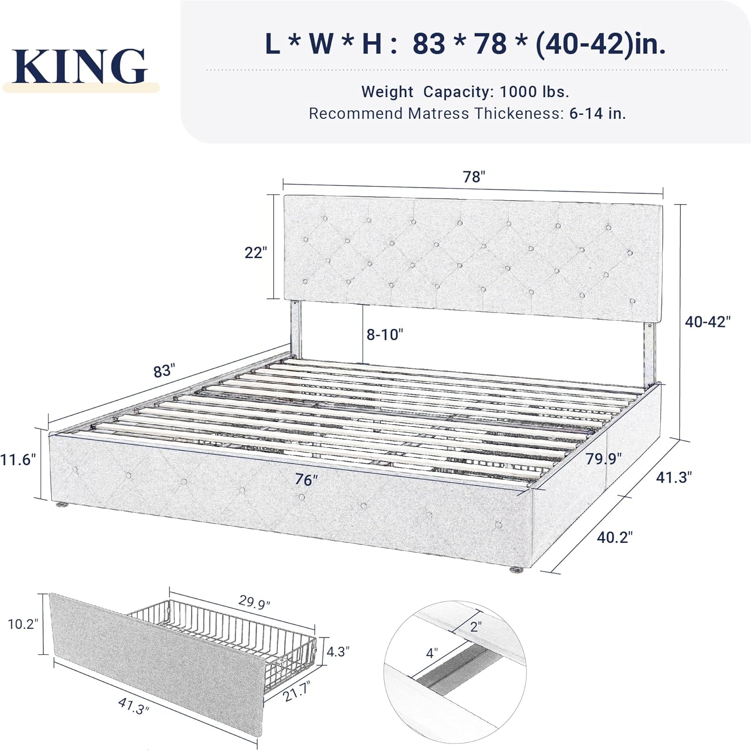 Allewie Upholstered Queen Size Platform Bed Frame with 4 Storage Drawers and Headboard wourant