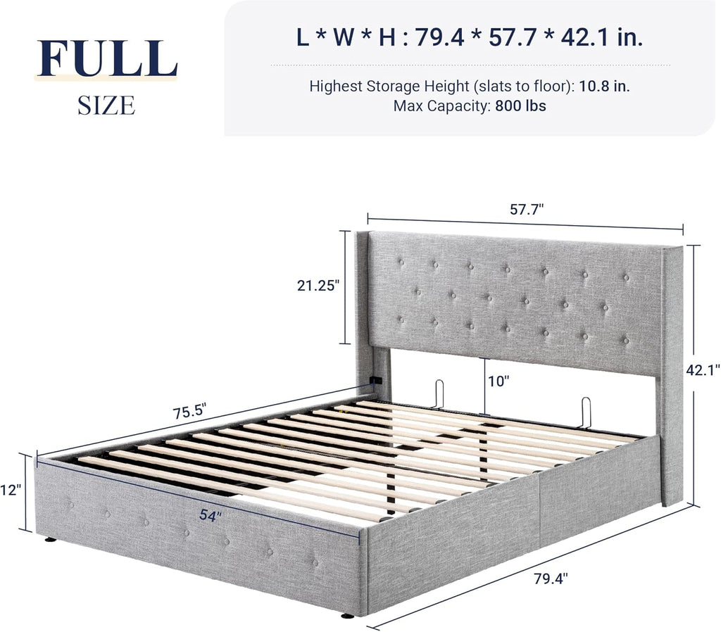 Allewie Queen Size Lift Up Storage Bed Modern Wingback Headboard Hydraulic Support wourant