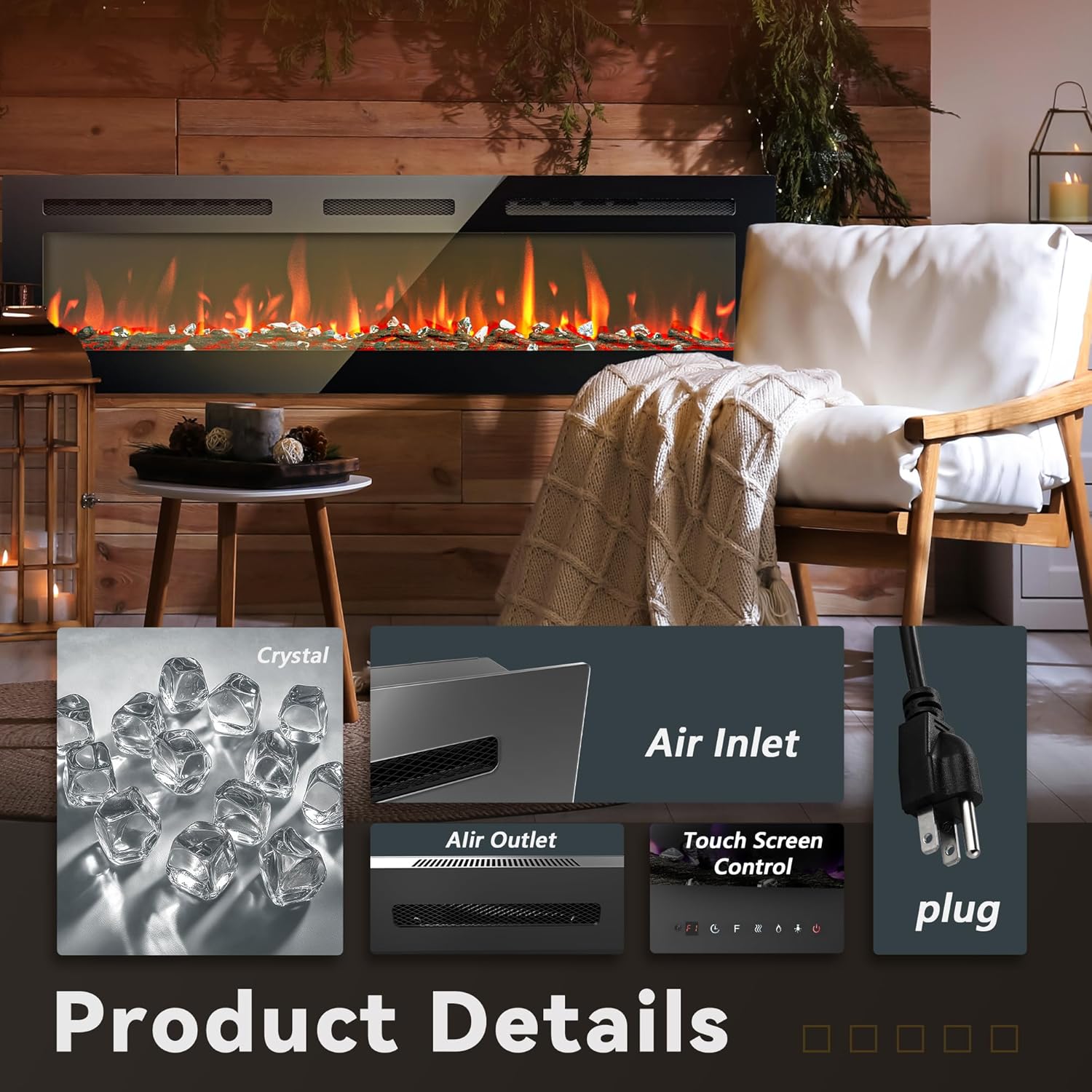 EUHOMY 50 Inch Electric Fireplace Wall Recessed and Wall Mounted with Adjustable Flame Color, Fireplace Heater with Remote Control, Linear Fireplace with Timer, Touch Screen, Log & Crystal, 750/1500W wourant