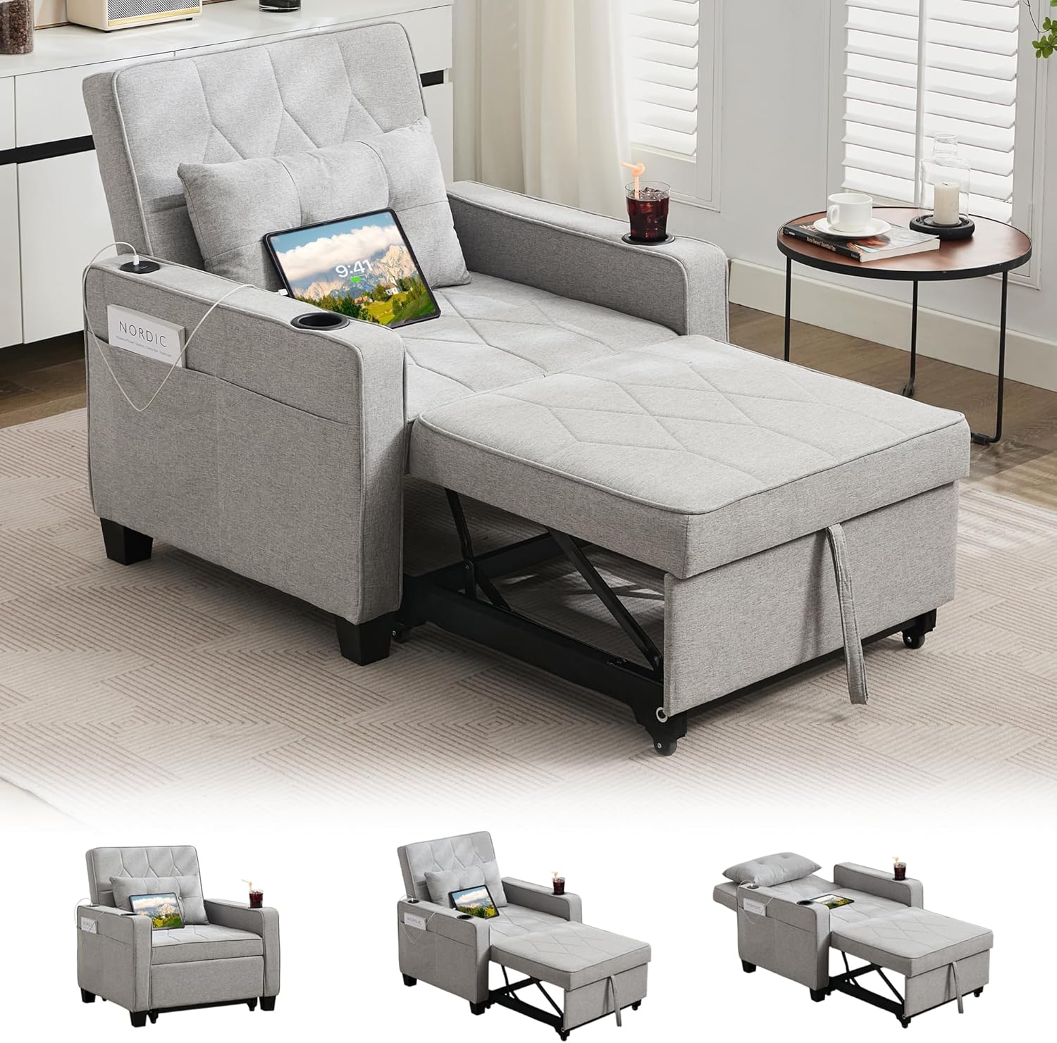 Adult Convertible Sleeper Chair Bed, 3-in-1 Pull-Out Sofa Bed with USB/Type-C Ports, Cup Holders, Side Pockets, Single Sofa wourant