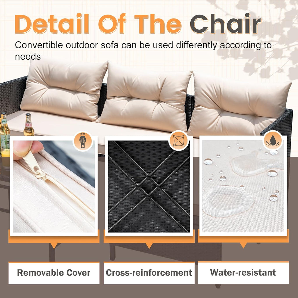 Devoko Outdoor Patio Furniture 3-Piece Rattan Waterproof Outdoor Sectional Sofa All-Weather L Shaped Patio Couch with Cushion Glass Table for Balcony, Garden (Beige) woonhhop