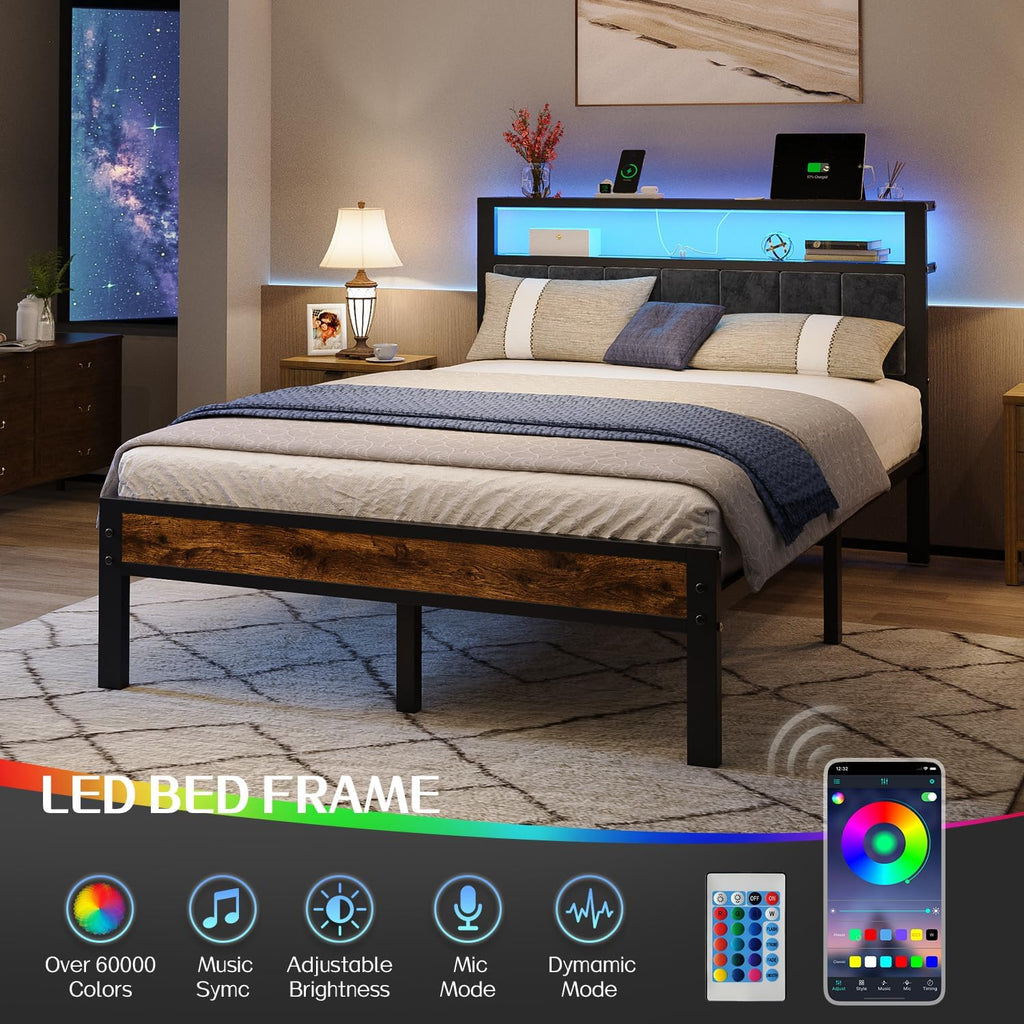 Queen Size Bed Frame with 2-Tier Storage Shelves Headboard Platform Bed Charging Station wourant