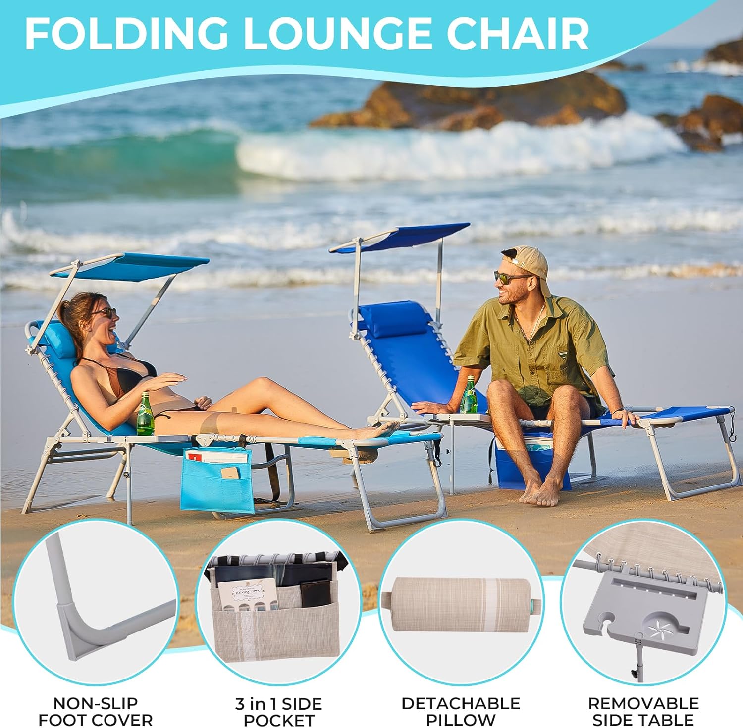 2 Pack Outdoor Chaise Lounge Chair - Portable Folding Patio Pool Lounge Chair, 5 Positions Adjustable Reclining Camping Chair with Side Table,Shoulder Strap, Pillow for Beach Sunbathing Lawn wourant
