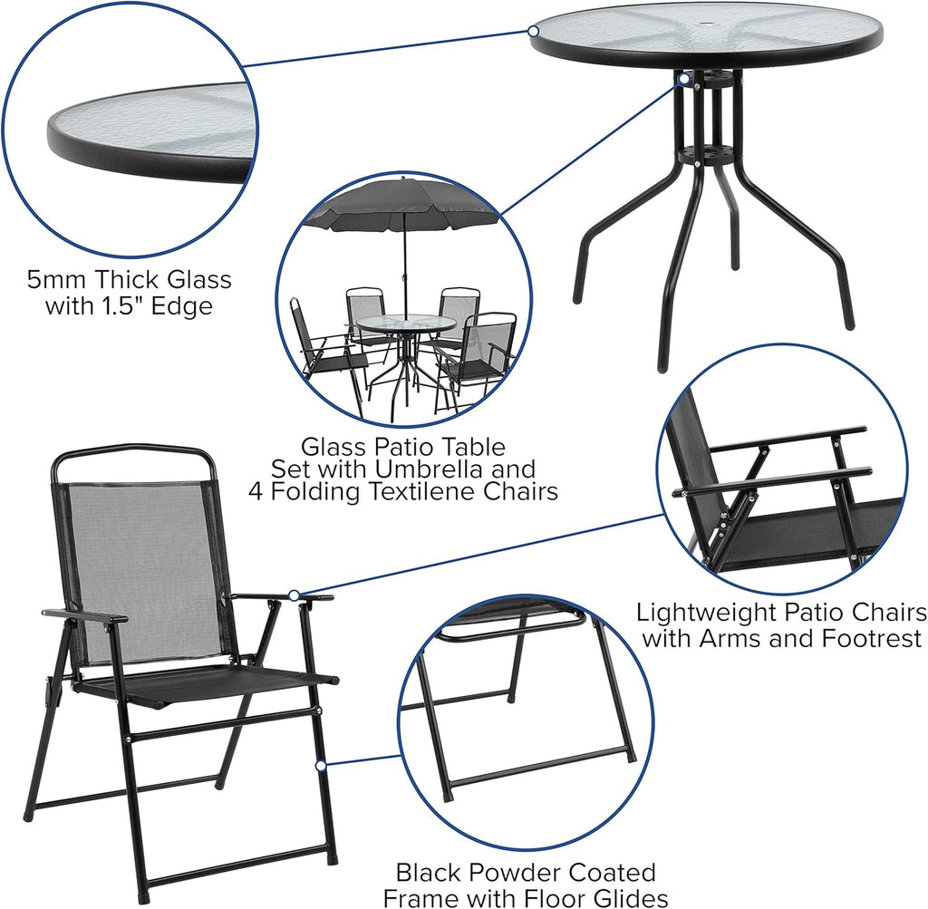 EMMA + OLIVER 6 Piece Brown Patio Garden Set with Umbrella Table and Set of 4 Folding Chairs wourant