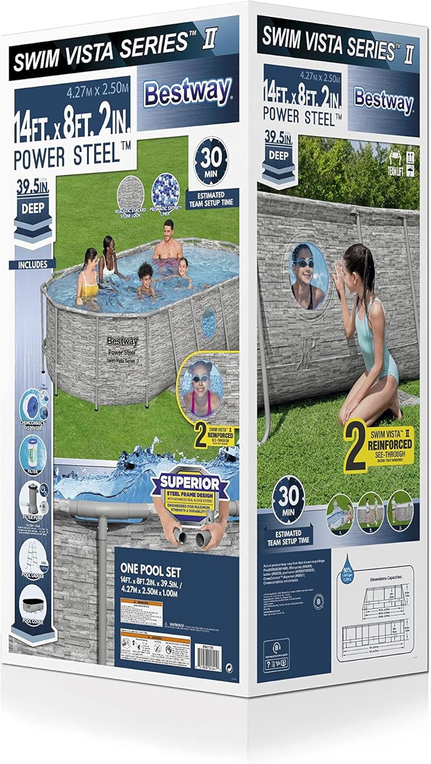 Power Steel 14' x 8'2" x 39.5" Oval Above Ground Pool Set | Includes 530gal Filter Pump, Ladder, ChemConnect Dispener wourant