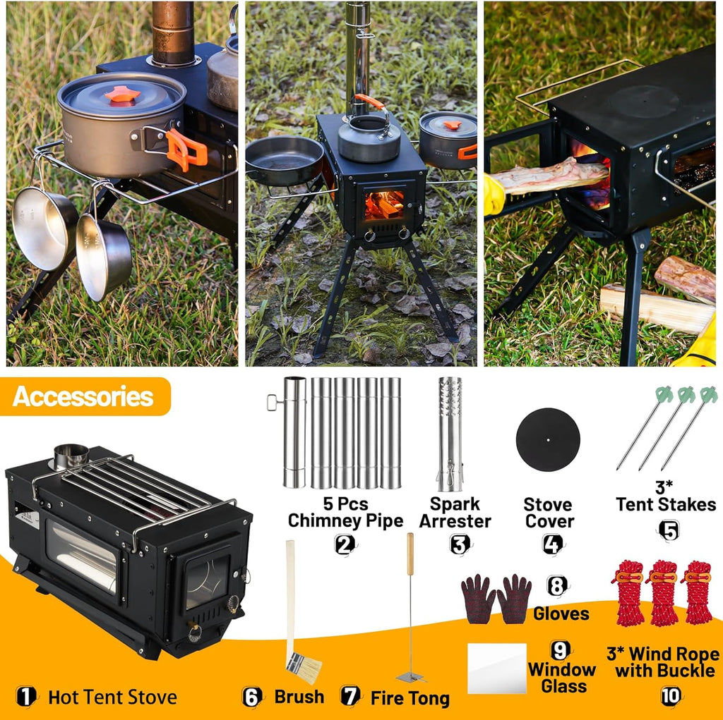 Hot Tent Stove Wood Stove, Small Wood Stove for Outdoor Heating and Cooking, Ice Fishing, Hunting wourant