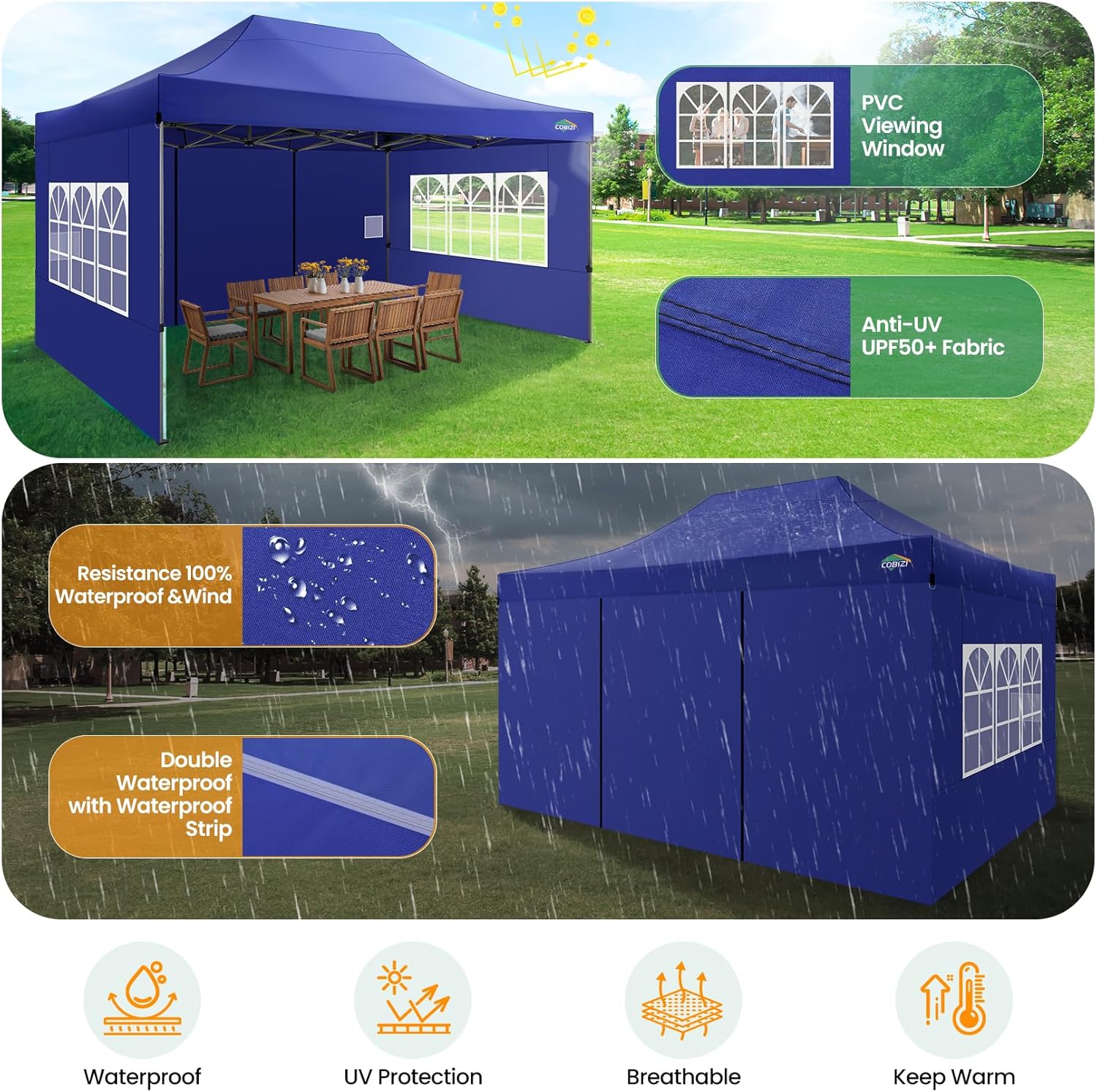 COBIZI 10x20 Heavy Duty Pop up Canopy Tent with 6 sidewalls Easy Up Commercial Outdoor Canopy Wedding Party Tents for Parties All Season Wind & Waterproof Gazebo with Roller Bag,Black(Frame Thickened) wourant