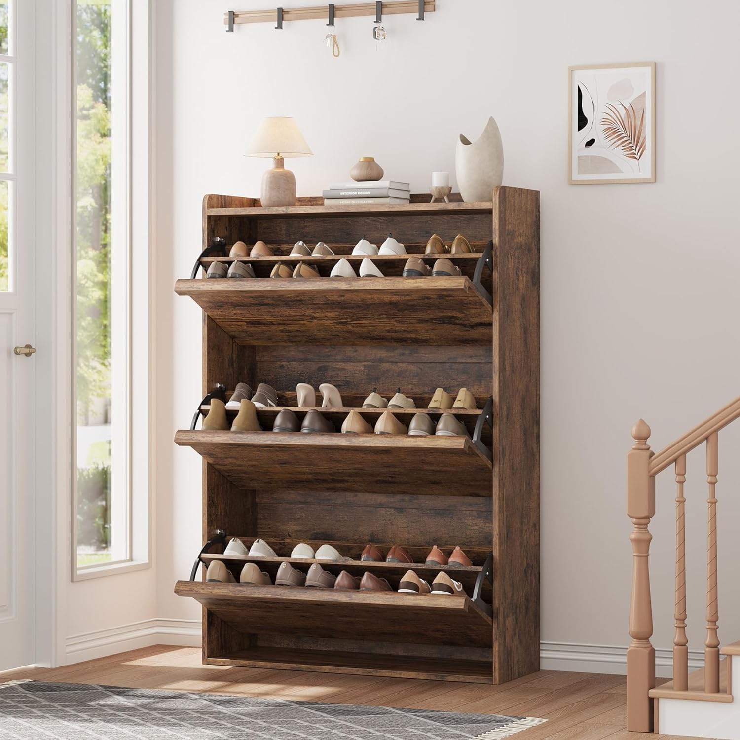 GarveeHome Shoe Cabinet with 3 Flip Top Drawers, Wooden Shoe Cabinet with Adjustable Shelves wourant