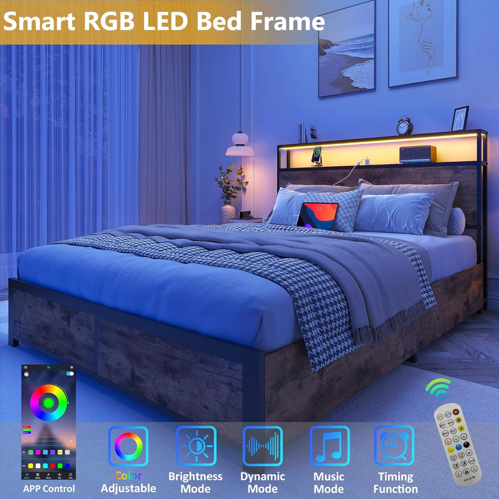Lifezone Queen Bed Frame with 2-Tier Storage Headboard, Metal Platform Bed Frame with 4 Storage Drawers, Built in Charging Station & LED, Noise-Free/Metal Support/No Box Spring Needed wourant