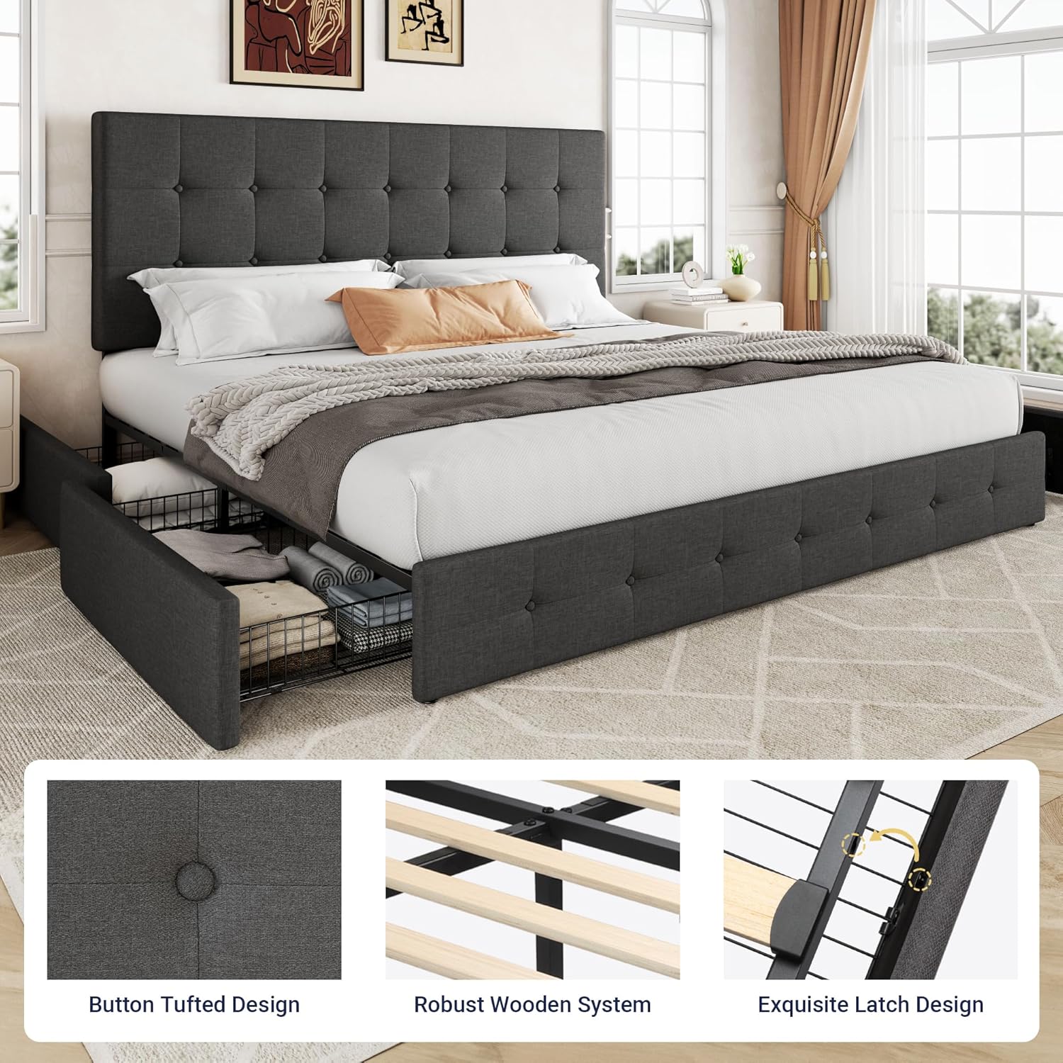 Allewie Upholstered Queen Size Platform Bed Frame with 4 Storage Drawers and Headboard wourant