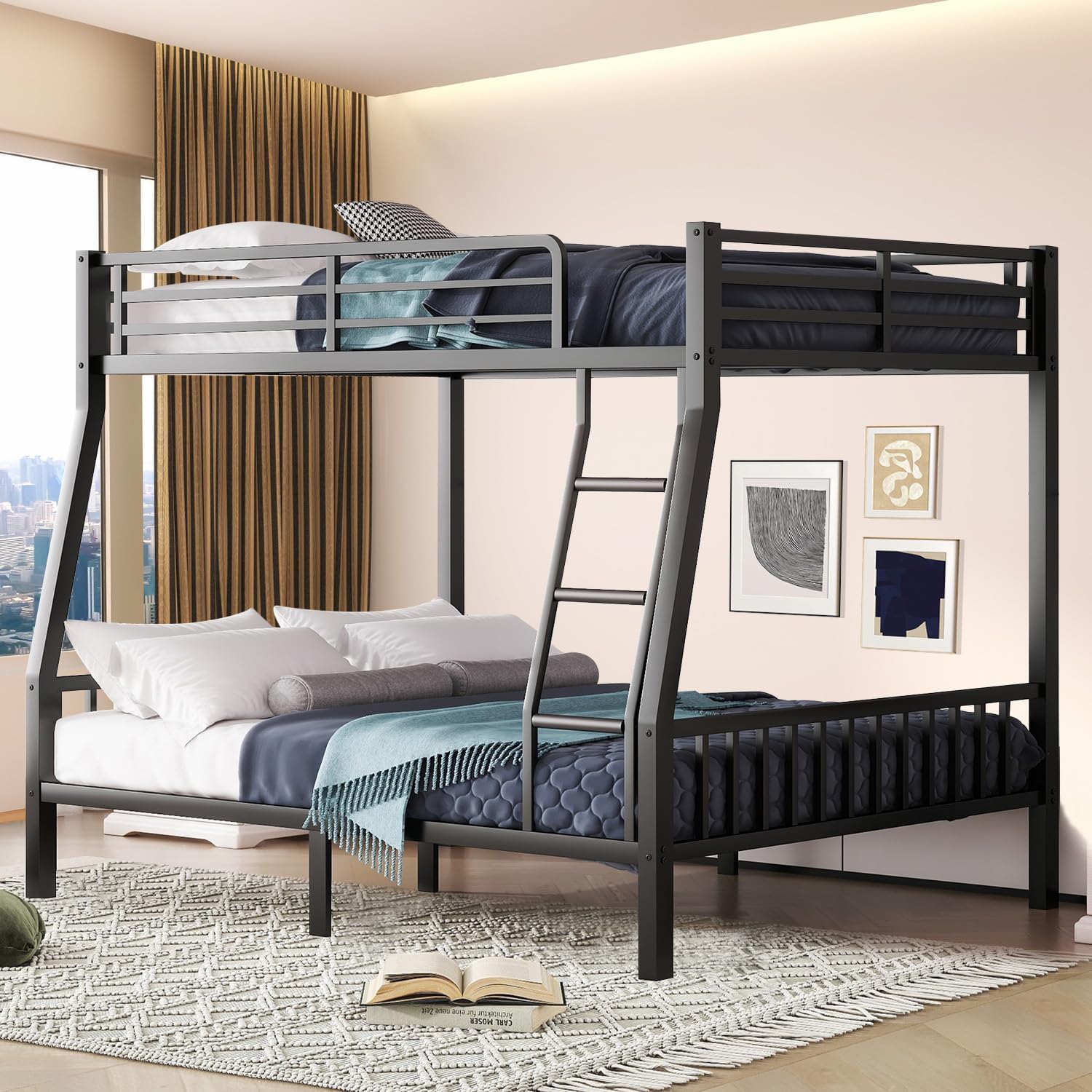 Cyranture Bunk Beds Twin Over Full Size Heavy Duty Bunk Beds Guardrail Metal Bunk Bed Frame wourant