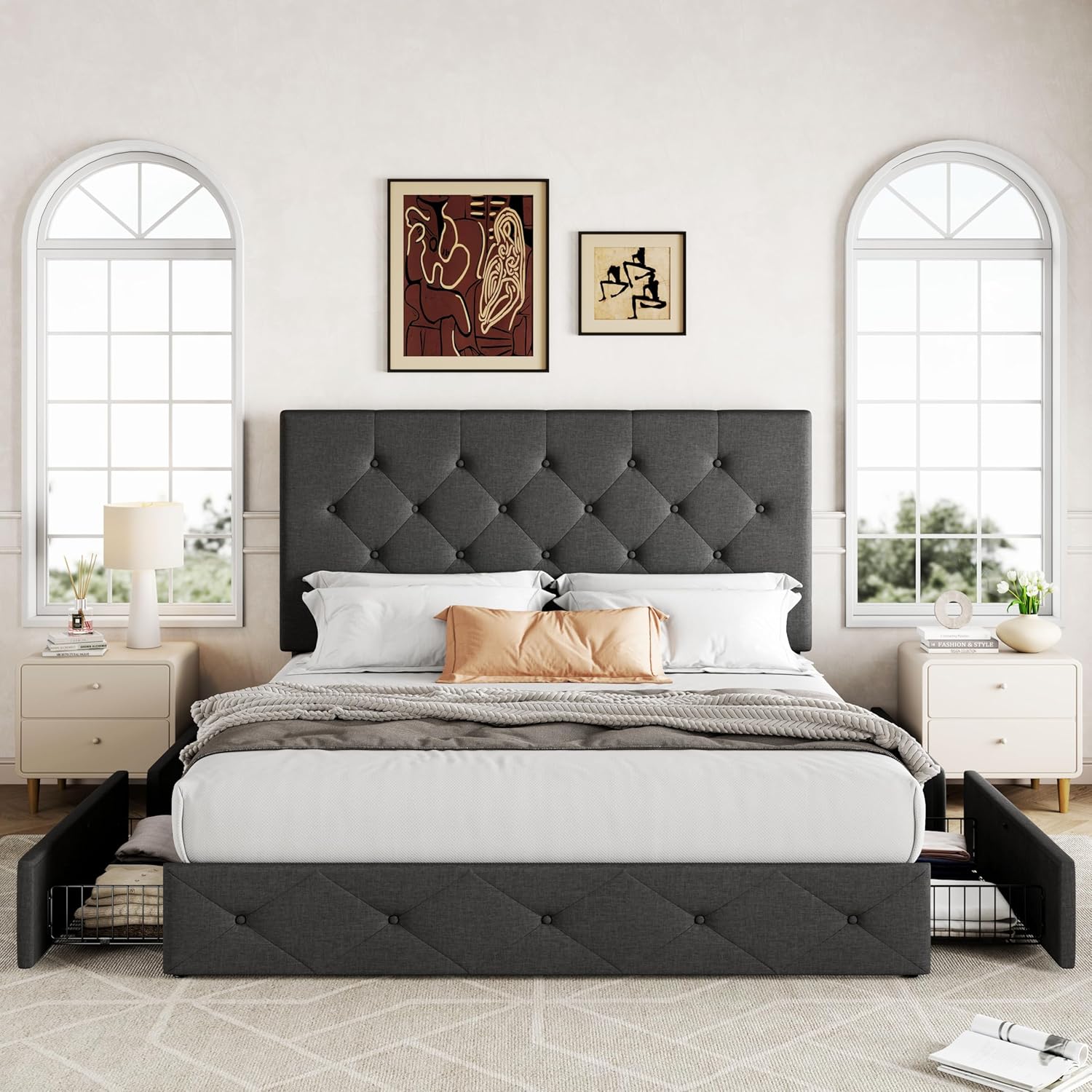 Allewie Upholstered Queen Size Platform Bed Frame with 4 Storage Drawers and Headboard wourant