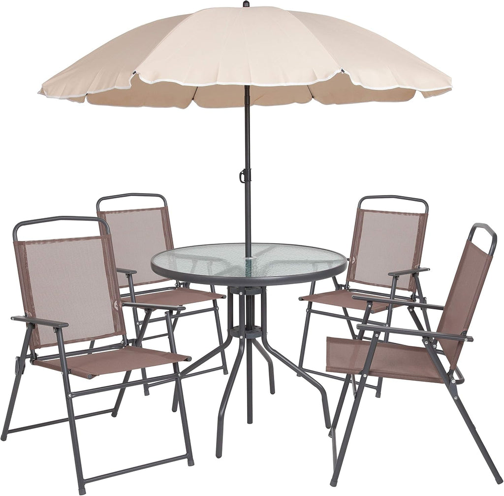 EMMA + OLIVER 6 Piece Brown Patio Garden Set with Umbrella Table and Set of 4 Folding Chairs wourant