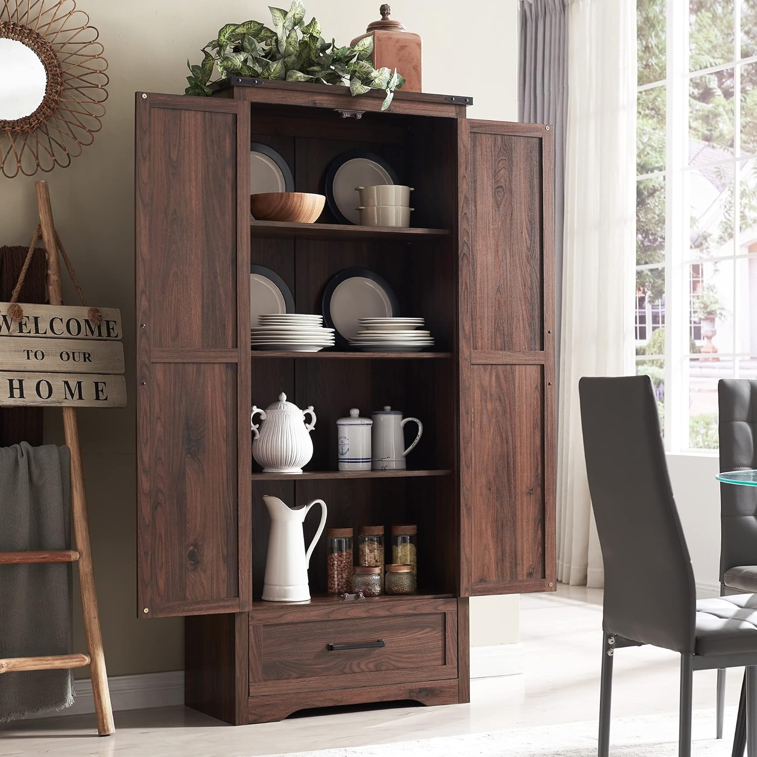 JXQTLINGMU Farmhouse Kitchen Pantry - 72" Tall Wood Kitchen Storage Cabinet with Adjustable Shelves and 2 Barn-Style Doors and Drawers wourant