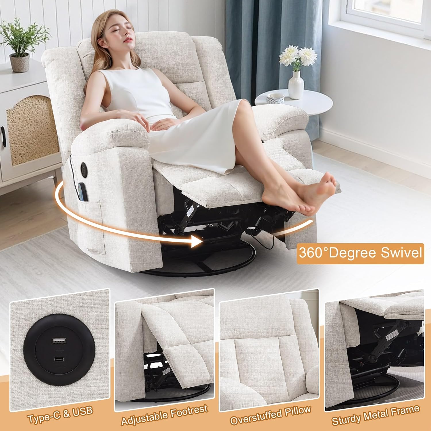 Adult rocking chair, gliding recliner, 360° rotating rocking chair with massage and heating function wourant