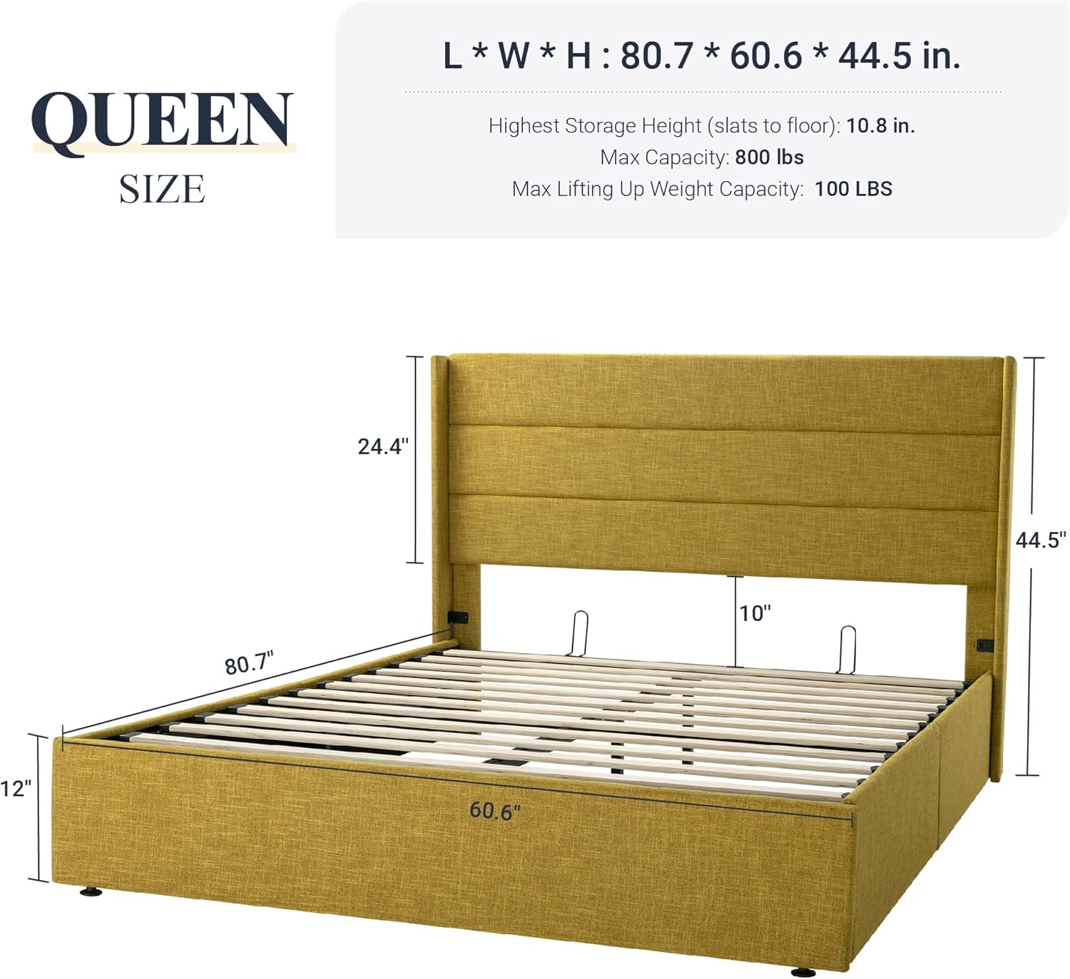 Allewie Queen Size Lift Up Storage Bed Modern Wingback Headboard Hydraulic Support wourant