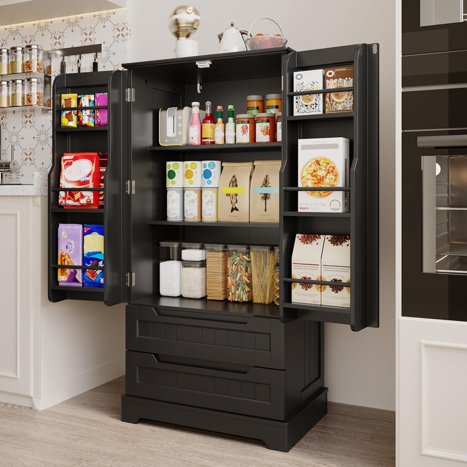 Gizoon Kitchen Pantry Cabinet with Drawers Freestanding Bathroom Storage Cabinet with Doors and Shelves, 47 Inch Small Pantry Cabinet wourant