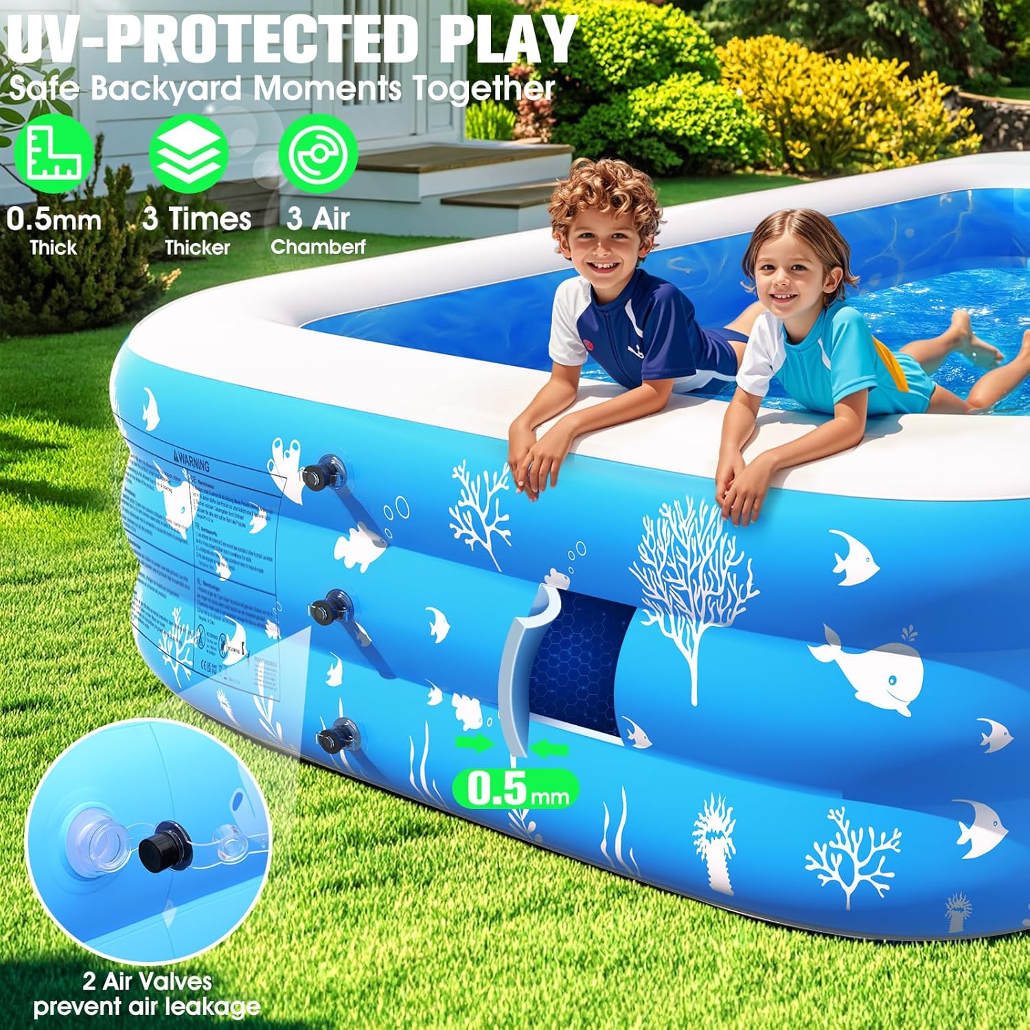 Inflatable Pool with Seat and Pool Lights, Durable Thickened Large Size Family Inflatable Pools for Adults Blow Up Pools,105" x 65" x 25"Swimming Inflatable Kids PooI for Backyard,Outdoor (White) wourant