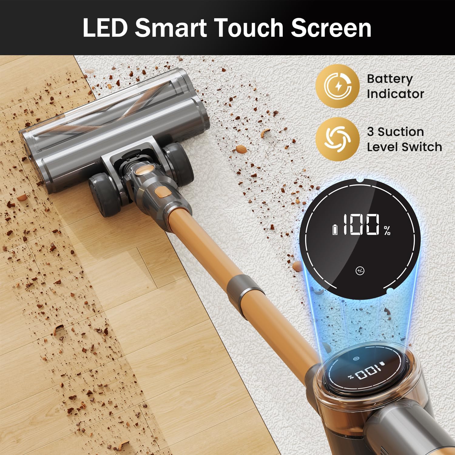 Cordless Vacuum Cleaner, 10-in-1 Lightweight Stick Vacuum with 45mins Runtime, Powerful Suction, LED Touch Screen, Rechargeable Vacuum Cleaners for Home Hardwood Floor Carpet Pet Hair (Gold) woonhhop