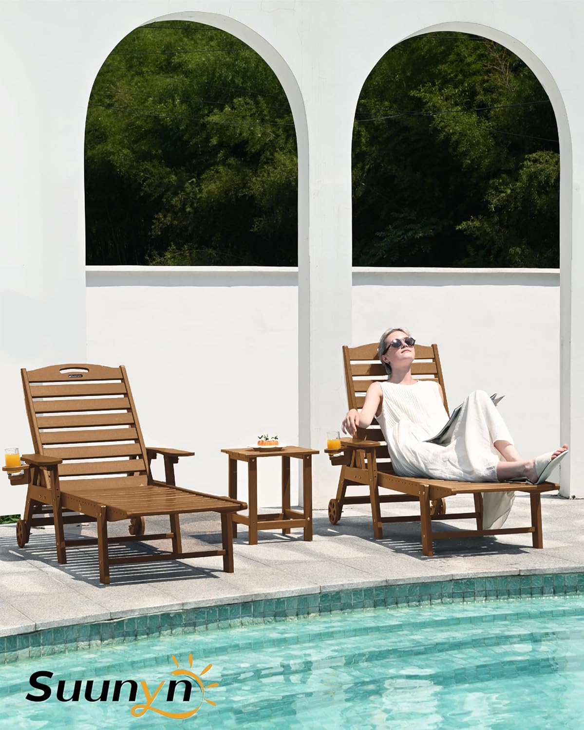 Lounge Chair Outdoor, Chaise Lounge, HDPE 6-Position Outdoor Chaise Lounge, Patio Lounge Chair with Wheels & Cup Holder for Pool Poolside Deck Backyard, Teak wourant