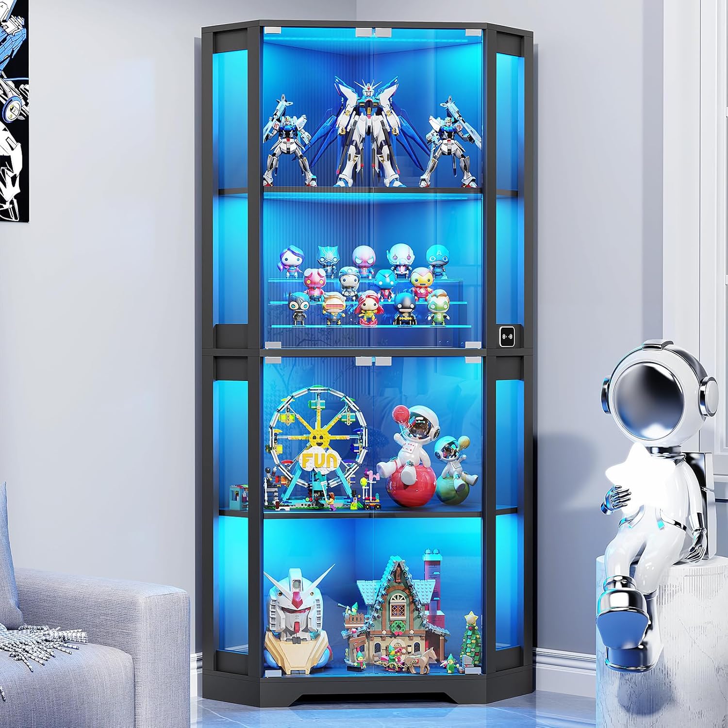 Corner Display Cabinet with Glass Doors, 65" Lighted Curio Cabinet with 3 Color Lights wourant
