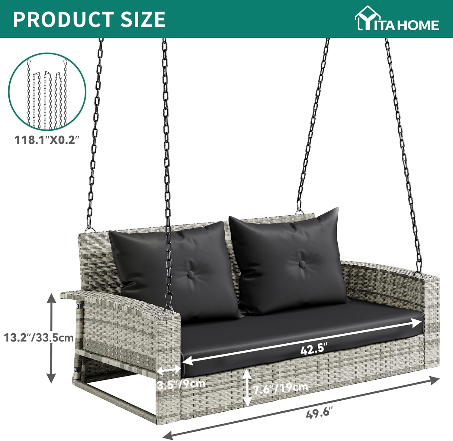 YITAHOME Hanging Porch Swing Chair Sits 3 People, Wicker Outdoor Swing Bench, Patio Lounge Chair, 1 Seating Cushion and 3 Back Cushions, w/Removable Covers, for Garden, Balcony, Backyard, Brown wourant