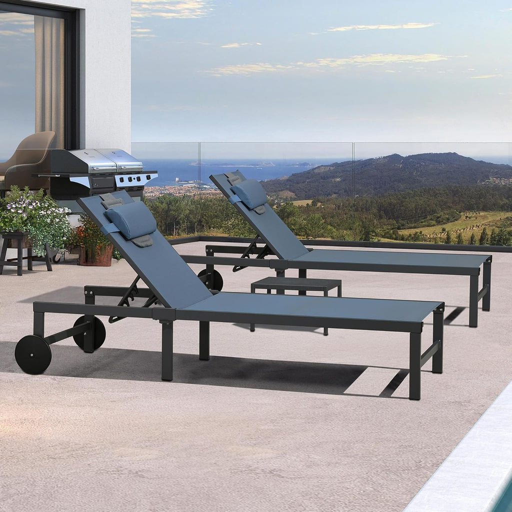 PURPLE LEAF Patio Tanning Lounge Chair Set with Face Down Hole Outdoor Aluminum Adjustable Reclining Chairs Wheels Pillows and Table for Poolside Beach Sunbathing Lounger, Beige wourant