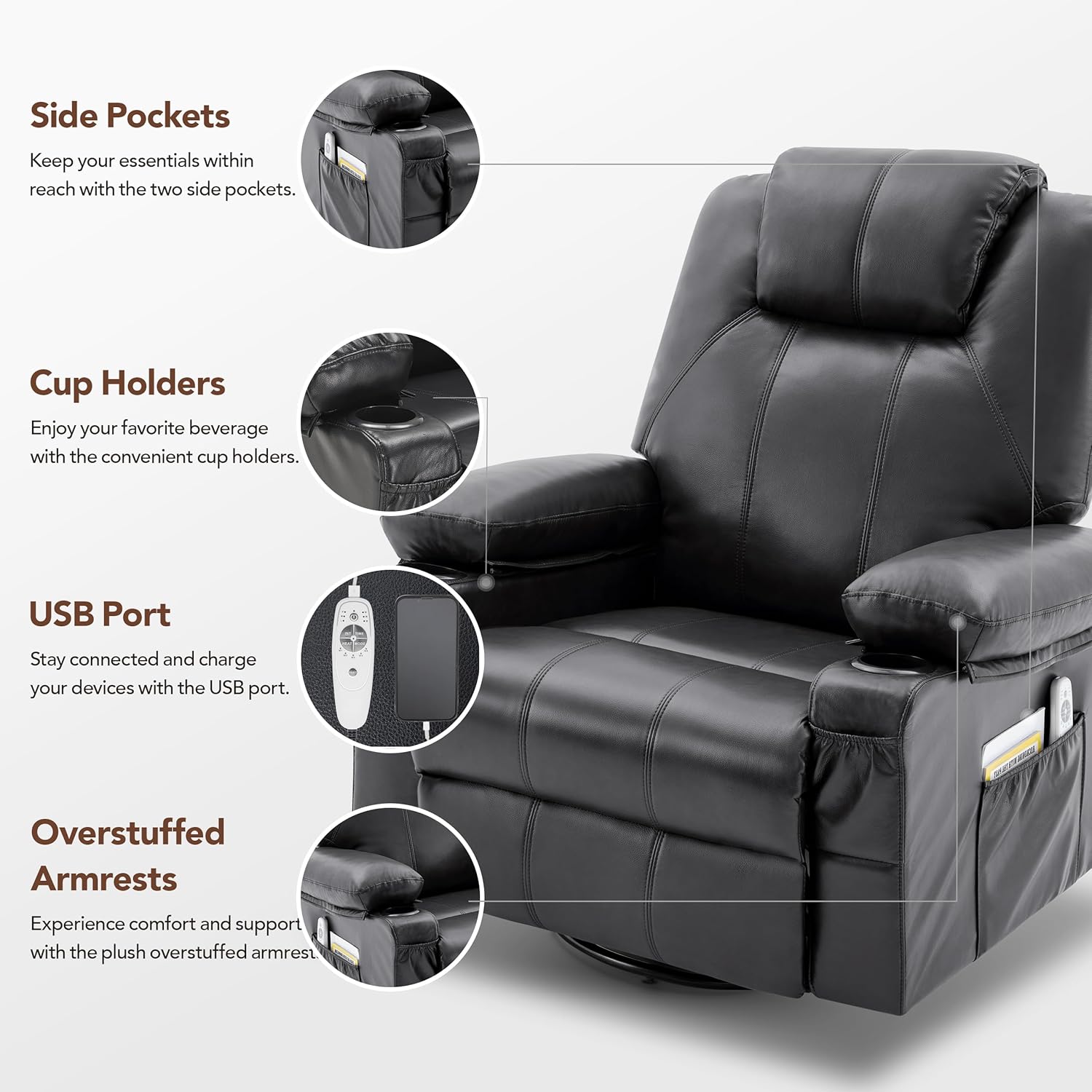Large Swivel Rocking Recliner with Heating and Massage Function, 360 Degree Swivel Rocking Single Sofa wourant