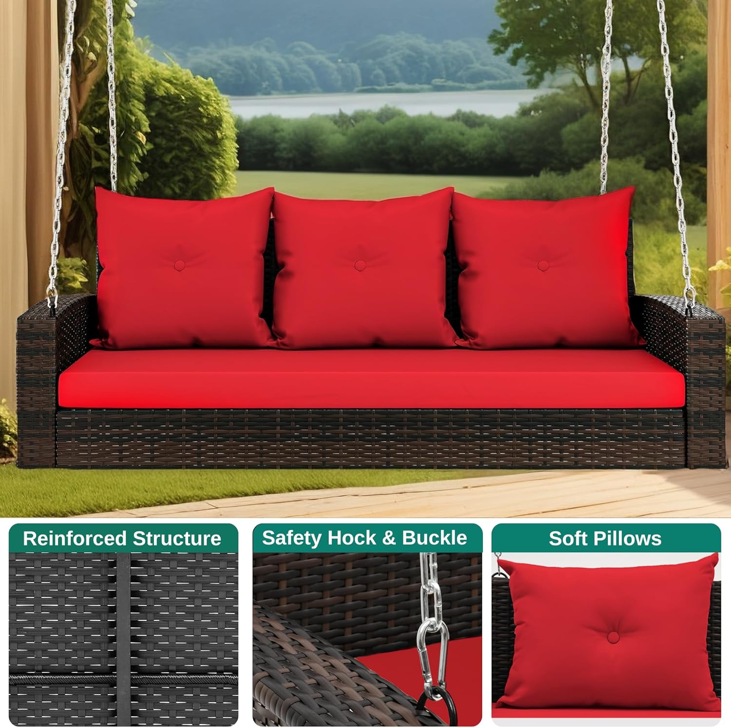 YITAHOME Hanging Porch Swing Chair Sits 3 People, Wicker Outdoor Swing Bench, Patio Lounge Chair, 1 Seating Cushion and 3 Back Cushions, w/Removable Covers, for Garden, Balcony, Backyard, Brown wourant