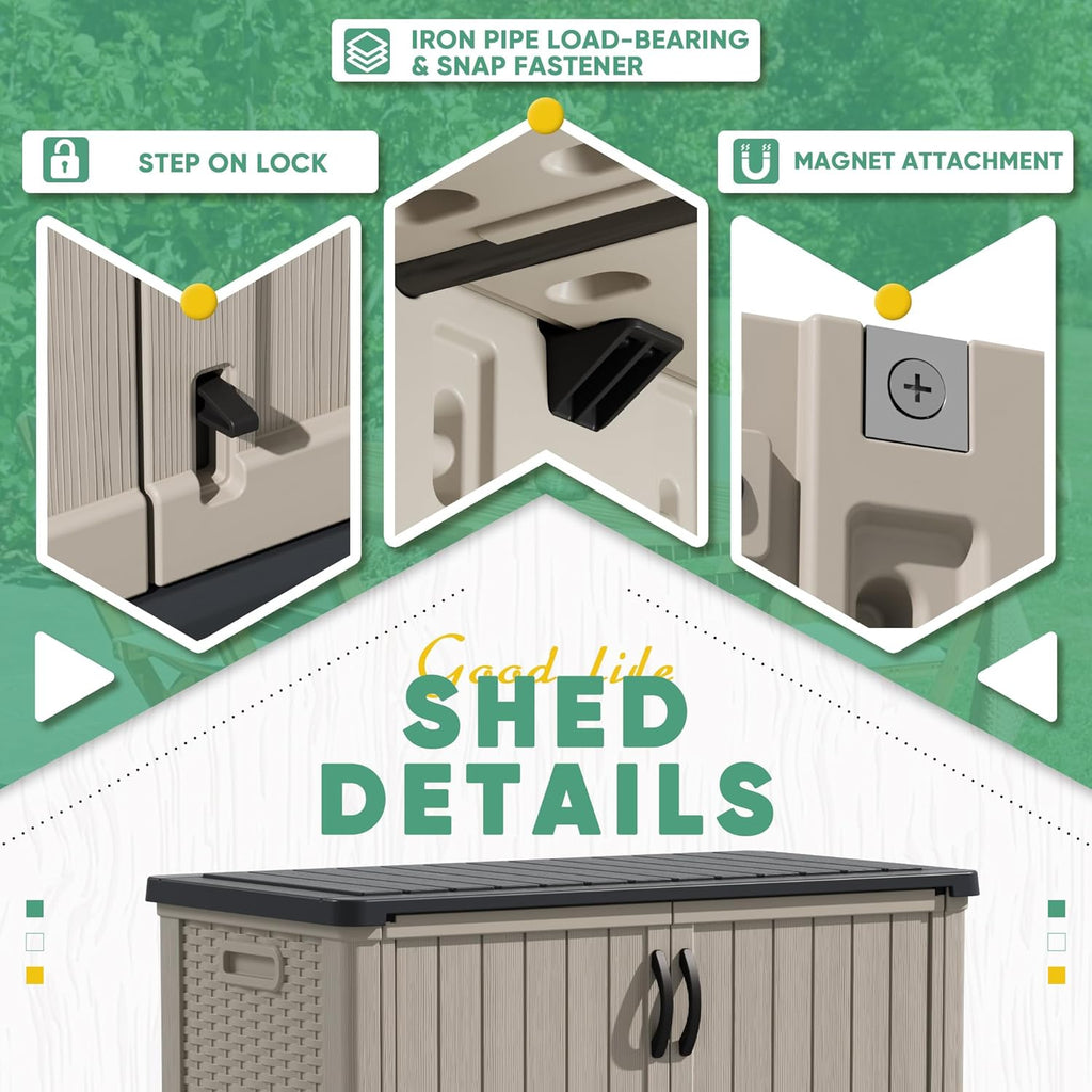 Devoko Outdoor Storage Cabinet 26 Cu Ft with Lockable Doors, Horizontal Storage Shed Waterproof Patio Tools Storage Box wourant