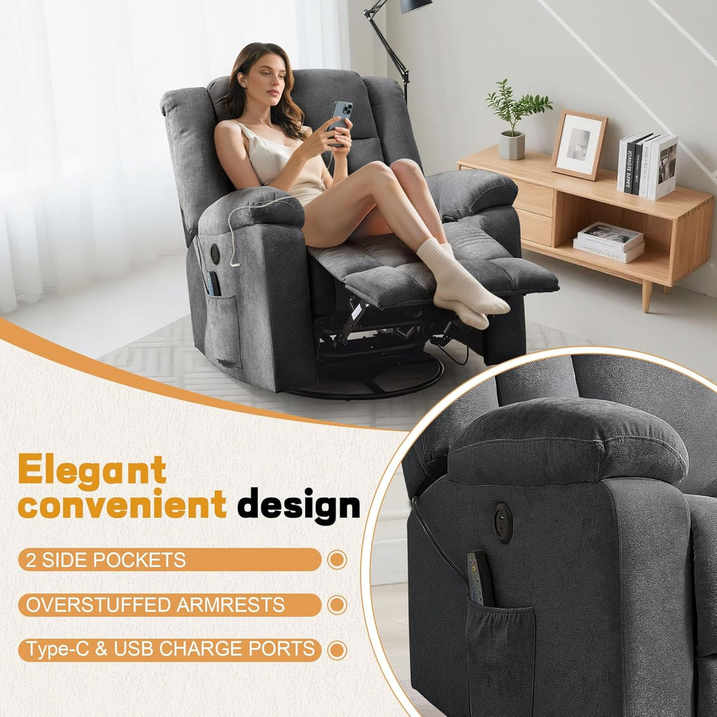 Adult rocking chair, gliding recliner, 360° rotating rocking chair with massage and heating function wourant