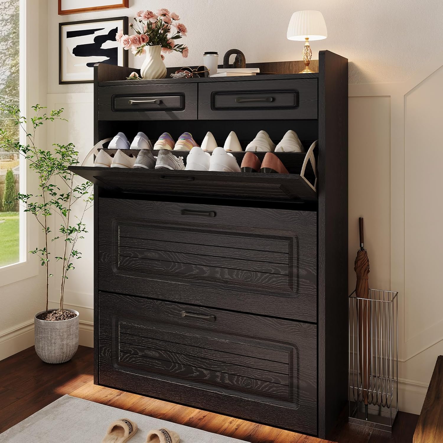 Shoe Cabinet with 3 Large Flip Drawers & 2 Storage Drawers, Narrow Shoe Organizer Cabinet Fits wourant