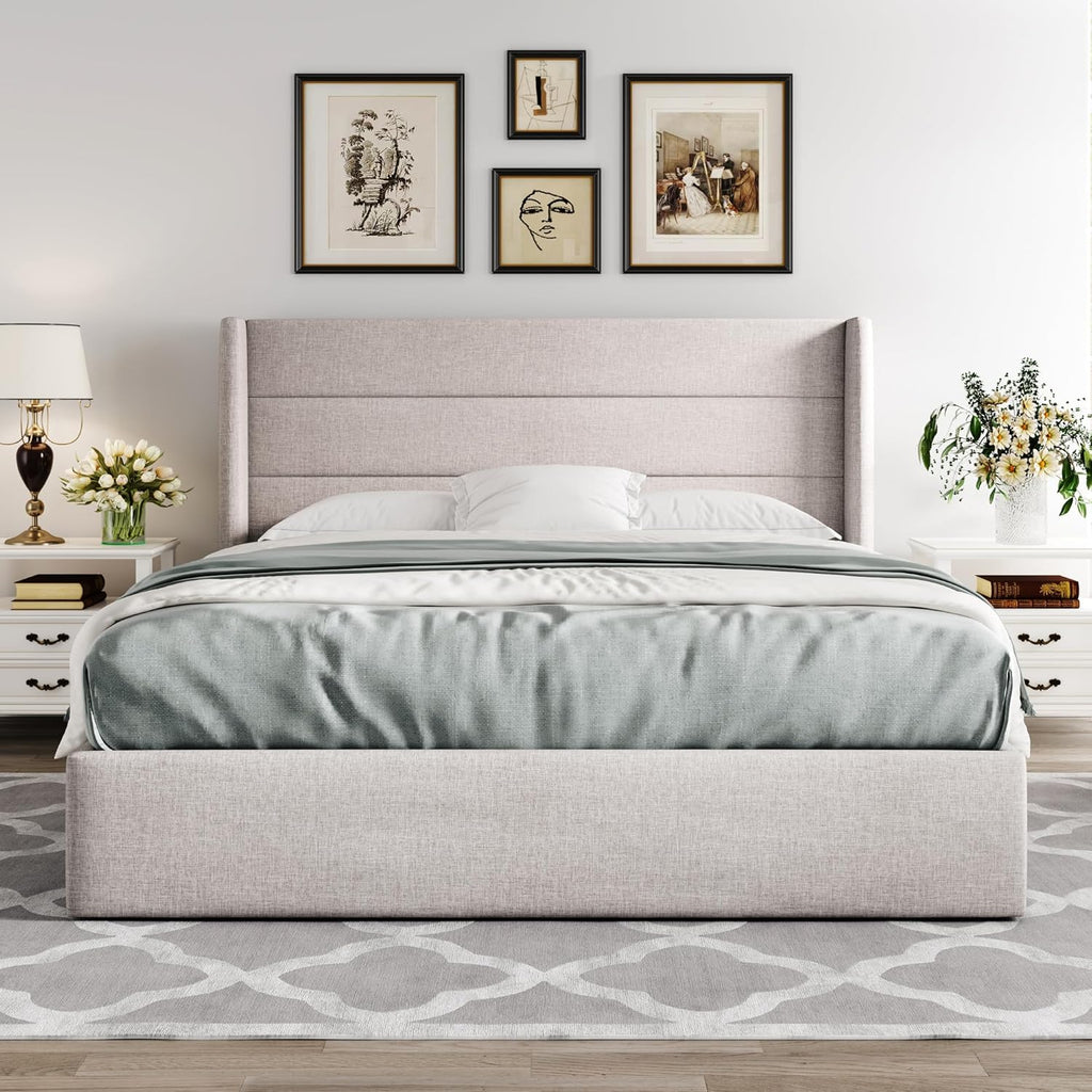 Allewie Queen Size Lift Up Storage Bed Modern Wingback Headboard Hydraulic Support wourant