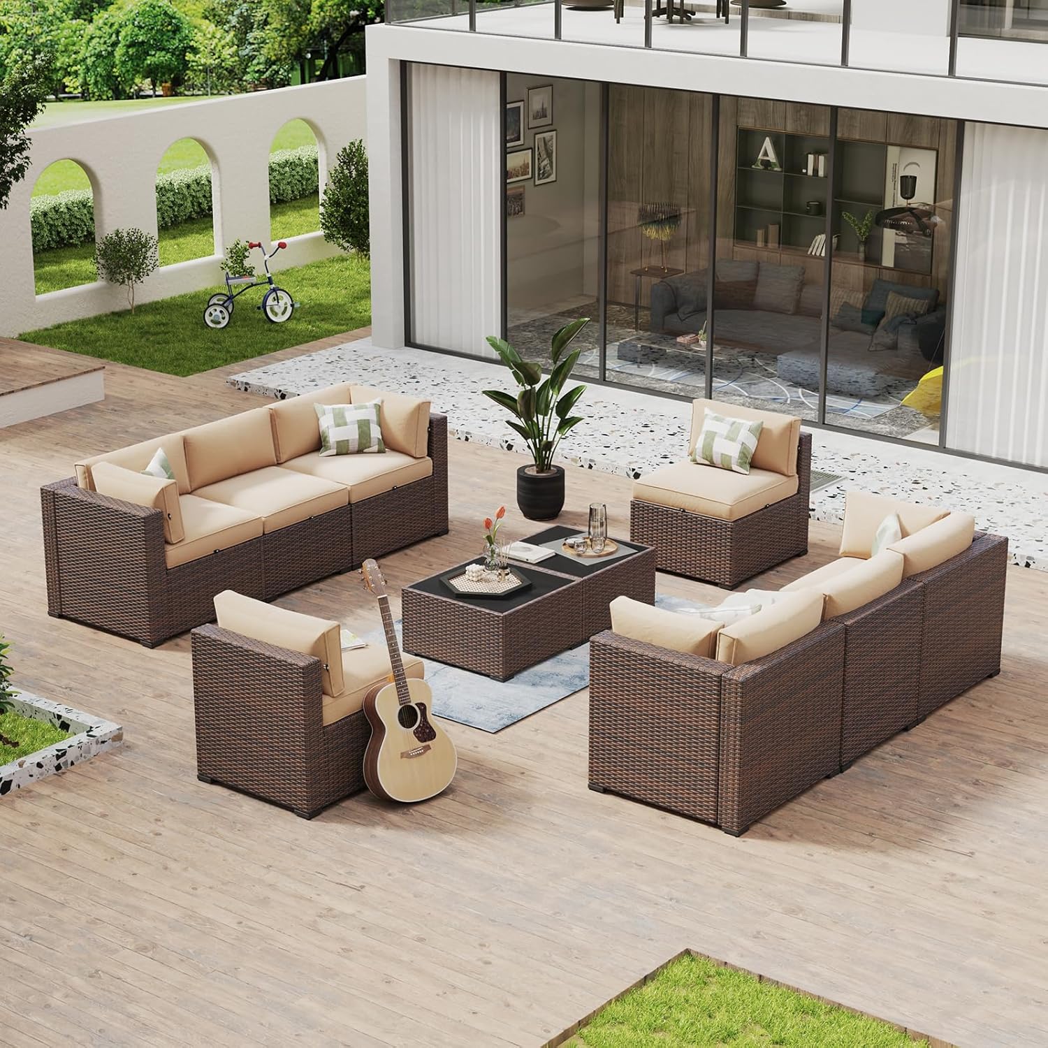 Aoxun 8 Piece Patio Furniture Set with 44?Fire Pit Table Wicker Rattan Outdoor Sectional Sofa Set with Coffee Table and Thickened Cushions, Beige (Waterproof Cover Included) woonhhop