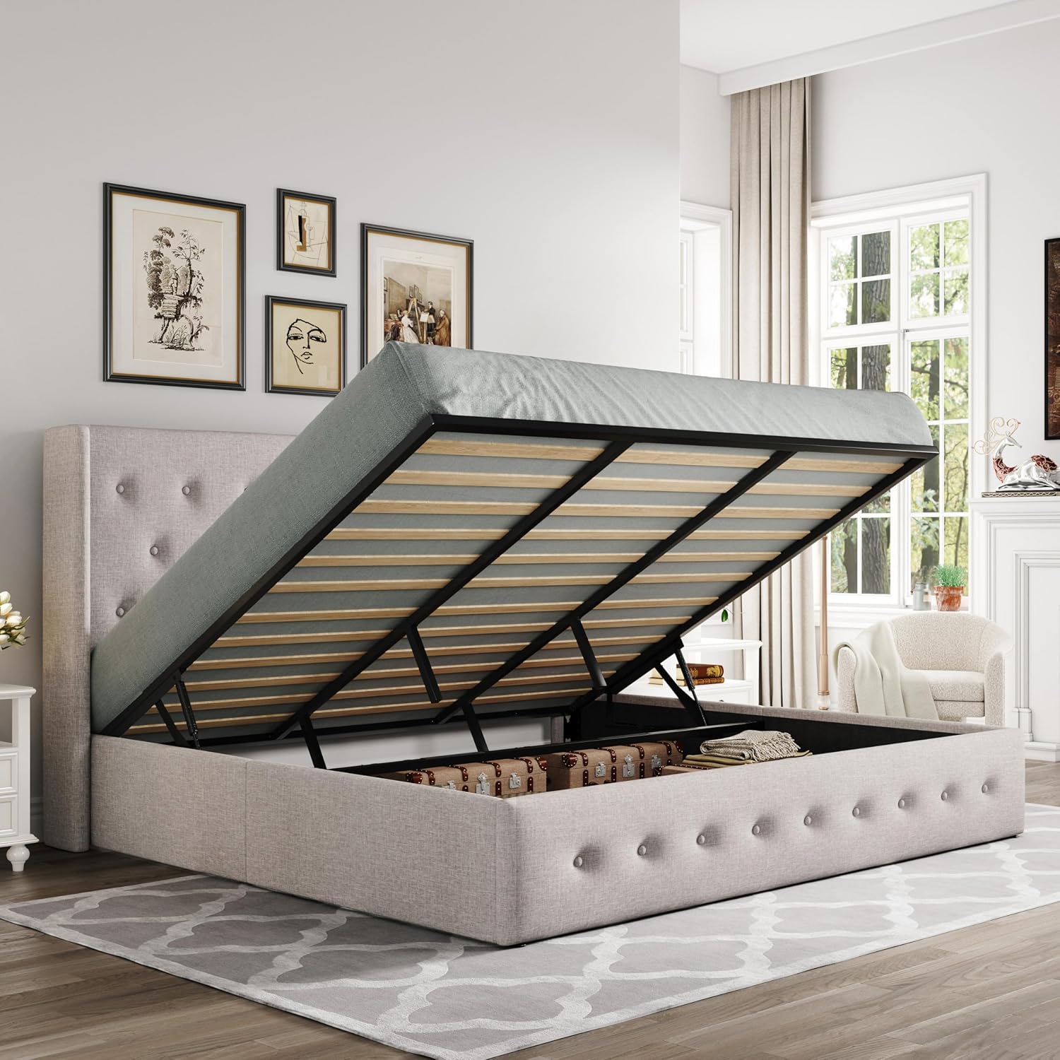 Allewie Queen Size Lift Up Storage Bed Modern Wingback Headboard Hydraulic Support wourant