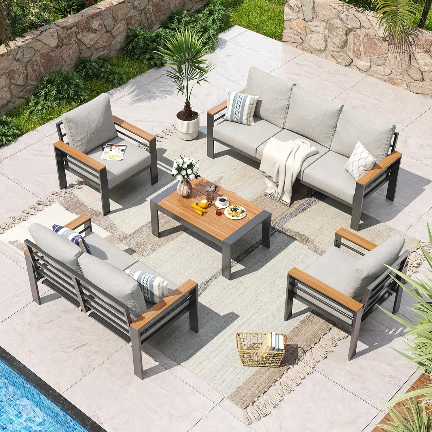 Aoxun Aluminum Patio Furniture Set 7 Seats, Oversized Outdoor Sectional with Washable Thick Cushions, Coffee Table and Waterproof Cover, Patio Conversation Sets for Porch, Balcony, Deck woonhhop