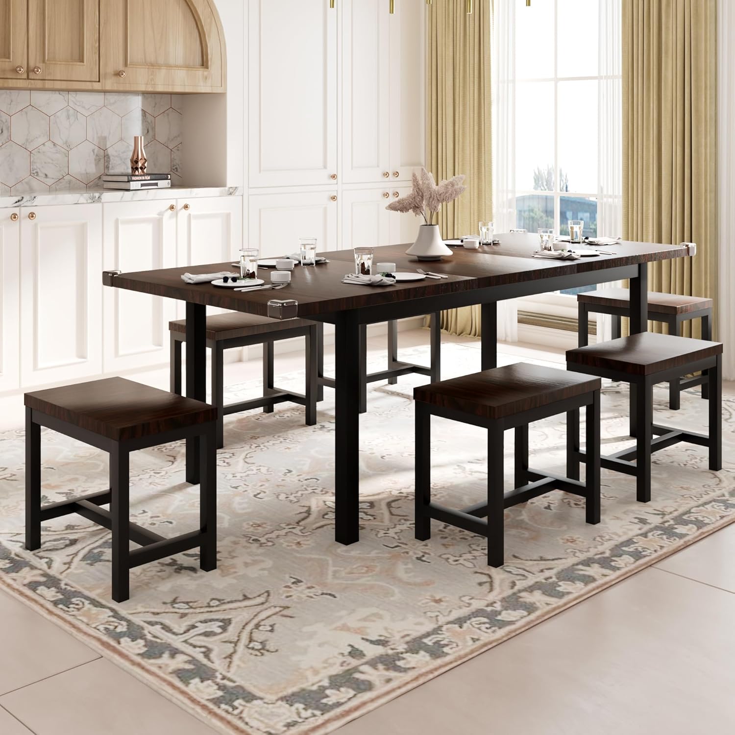 Feonase 5 Piece Dining Table Set for 4-8 People 63" Large Extendable Kitchen Table Set wourant