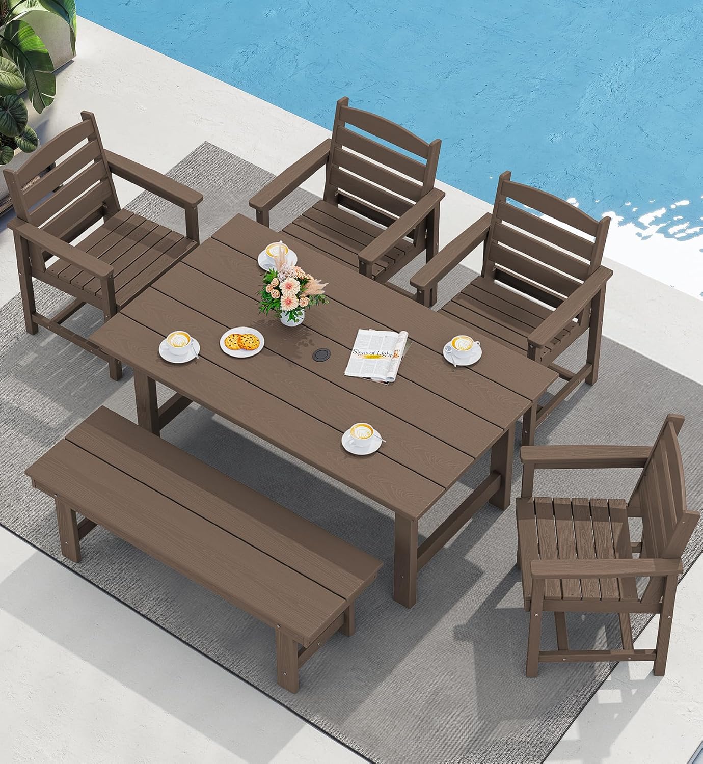 SERWALL Outdoor HDPE Dining Table Set 7 Piece Outdoor Dining Table Sets wourant