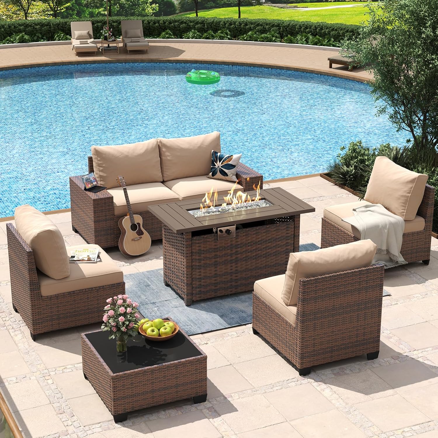 Aoxun 8 Piece Patio Furniture Set with 44?Fire Pit Table Wicker Rattan Outdoor Sectional Sofa Set with Coffee Table and Thickened Cushions, Beige (Waterproof Cover Included) woonhhop