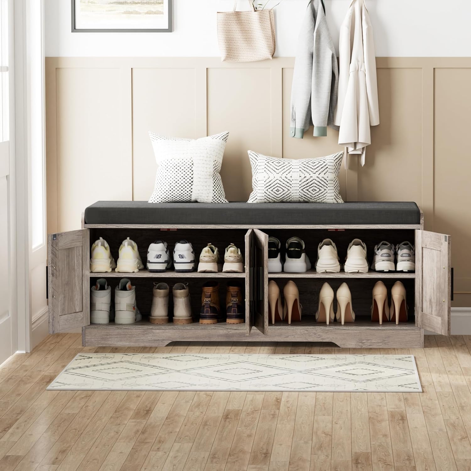 2-Tier Storage Bench, Shoe Bench with Thickened Padded Seat Cushion, Entryway Bench with 4 Doors, Adjustable Shelf wourant