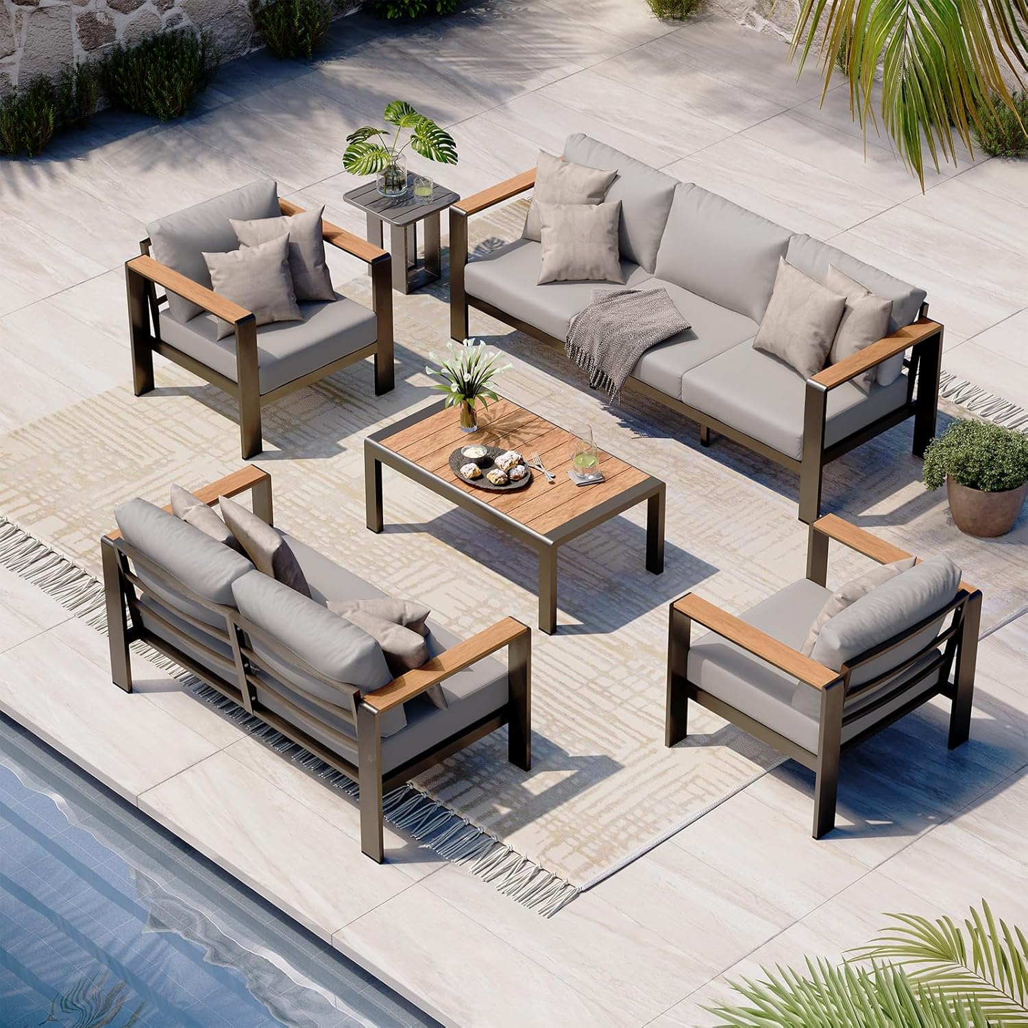 Aluminum Outdoor Patio Furniture Set with Coffee Table, 4 Piece Patio Conversation Sets with Washable Thick Cushions, Outdoor Sectional Furniture Set for Poolside, Balcony, Deck, Gray woonhhop