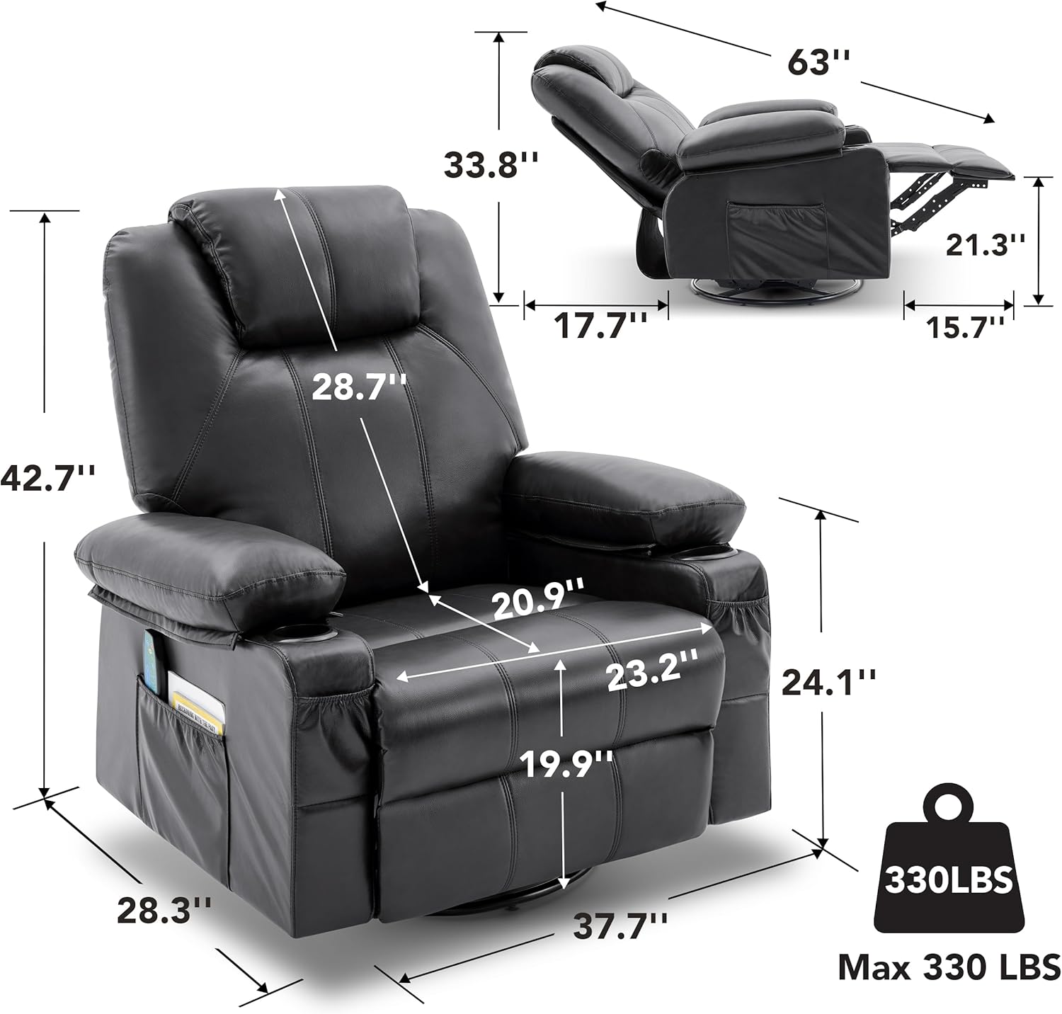 Large Swivel Rocking Recliner with Heating and Massage Function, 360 Degree Swivel Rocking Single Sofa wourant