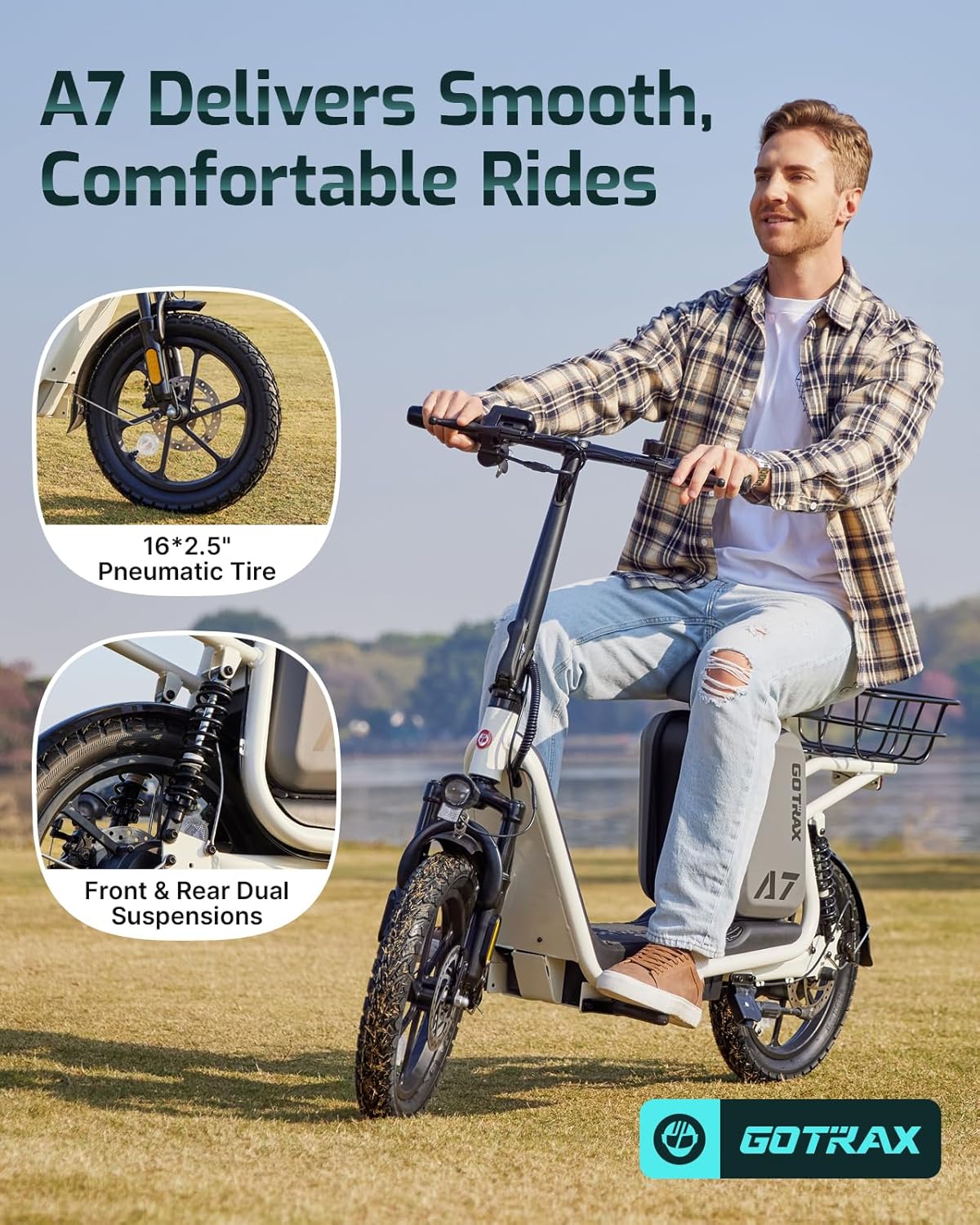 Gotrax adult electric scooter with seat, maximum range of 19-25 miles, all-terrain tires, wide pedals, padded seat, and carrycot wourant