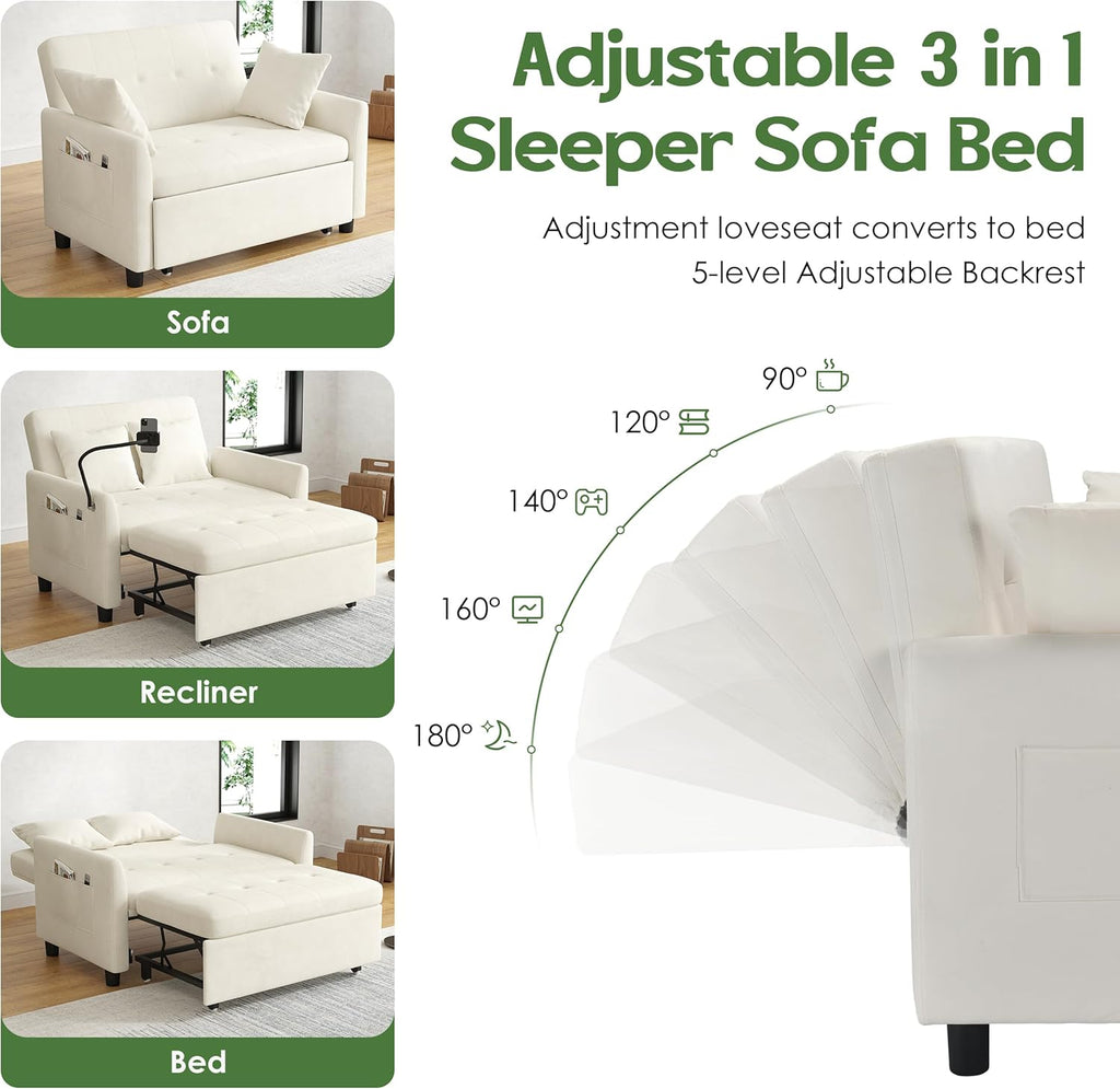 Sleeper Sofa Bed, 3 in 1 Convertible Sleeper Couch Bed Pull Out, Small Loveseat Sofa, Futon Sofa Bed Full Size, 46" Velvet Love Seat wourant