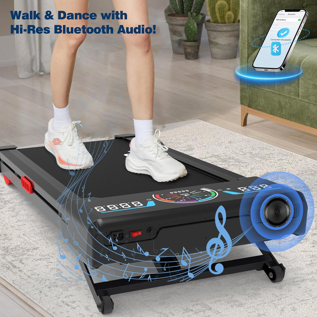 The Walking Pad treadmill features 12% 9-level automatic incline, 450-pound capacity, RGB LED screen, and Bluetooth speakers. wourant