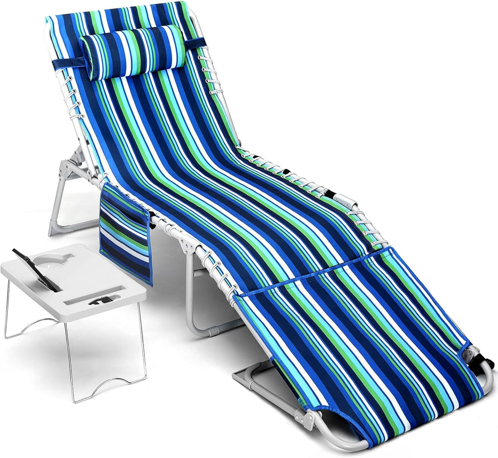 3-in-1 Beach Chair Face Holes Lounge Chair Outdoor with Folding Side Table 5-Position Recliner, Lay Flat Removable Pillow Heavy Duty, Max 330lbs, Poolside, Patio, Camping Backyard Striped Blue wourant