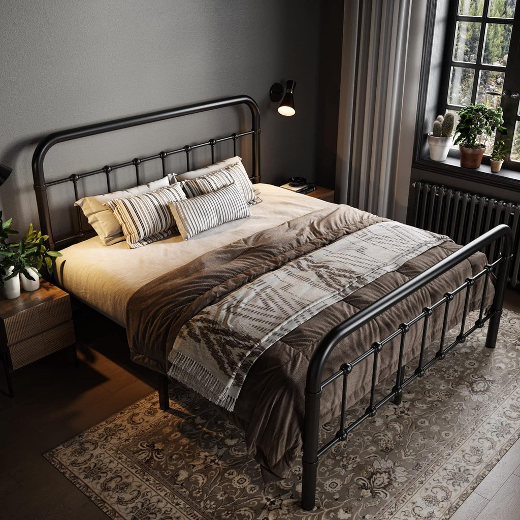 Allewie Queen Size Metal Platform Bed Frame with Victorian Style Wrought Iron-Art Headboard wourant